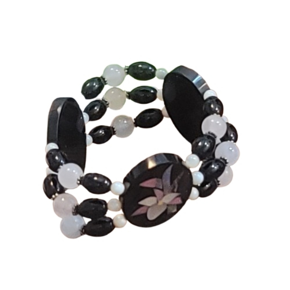 Vintage Lee Sands Abalone Inlaid Stretch Bracelet Floral Stretch - Picture 2 of 4